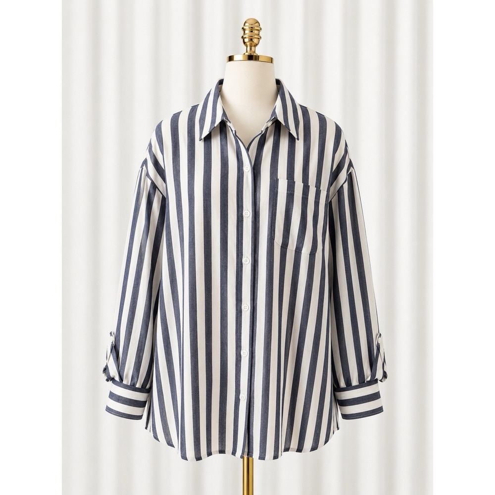 Isaac Mizrahi Linen Blend Button Front Shirt Top Blue Striped‎ A646494 Size 3XP